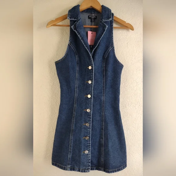 Pretty Little Thing Mid Blue Wash Button Up Lapel Detail Denim Mini Dress - Picture 4 of 8